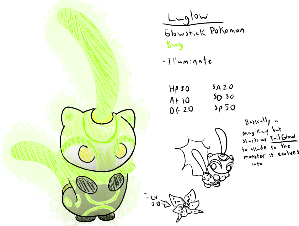 Many bugs. A glow worm into a luna moth, more of a Magikarp than a Caterpie in concept. A cowardly click beetle. And a brain/brawn separated head and body of a cockroach that evolves by becoming one. A refresher on my regional gimmick since one evolves with it. What do you think?