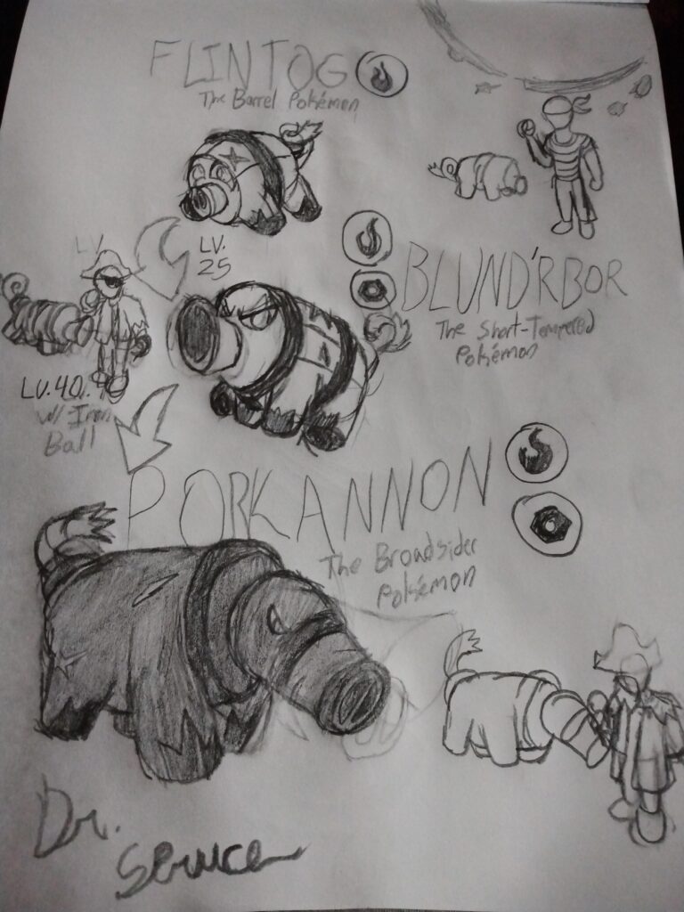 A fakemon line based on gunpowder and cannons! Meet Flintog, Blund'rbor, and Porkannon!