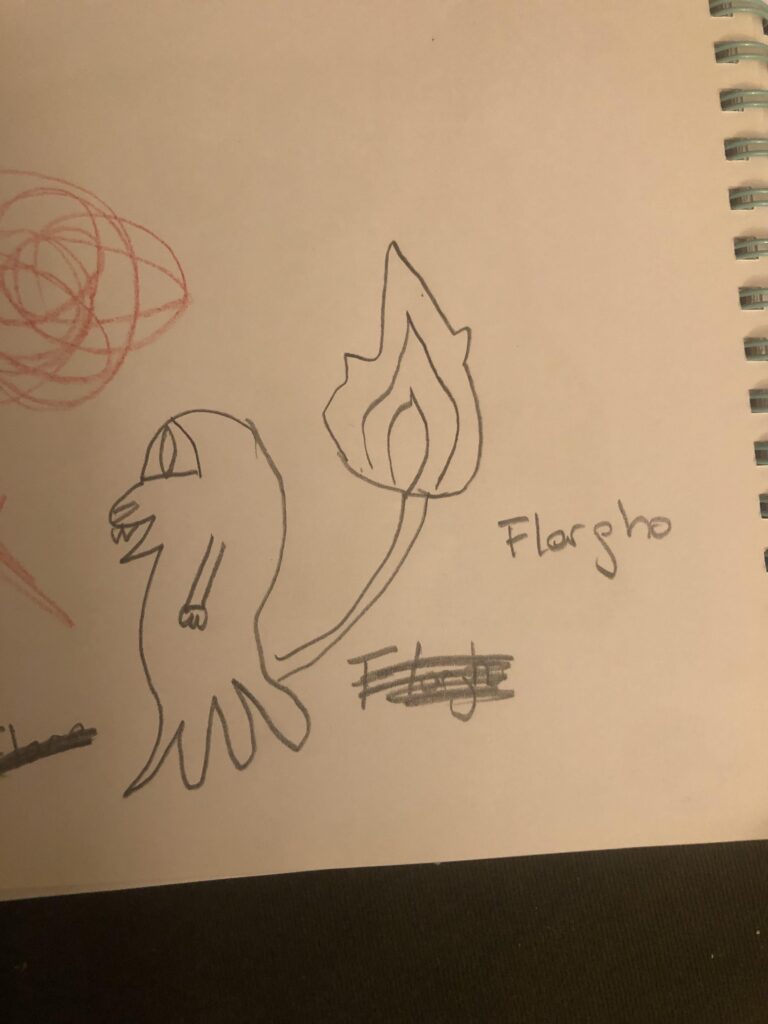 While sketching Pokemon with my three year old daughter, we came up with this Charmander clone like Mimikyu. It is a fire-ghost type named Flargho.