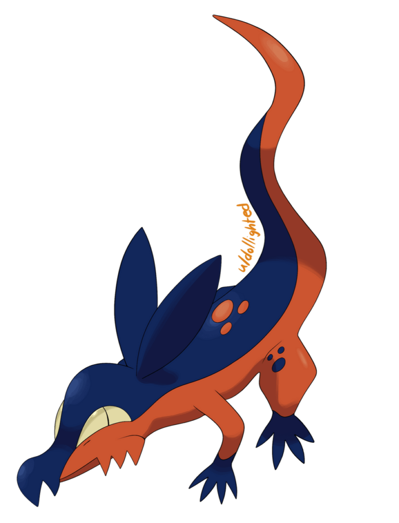 [OC] Water/Fire Salandit and a male-only evolution, Salabre who uses his tail as a sword. Also, if you see some stylistic differences, I realized I was using a different lineart brush to draw the pre-evolutions (finished those like, last year lol). Just thought I'd disclose that!