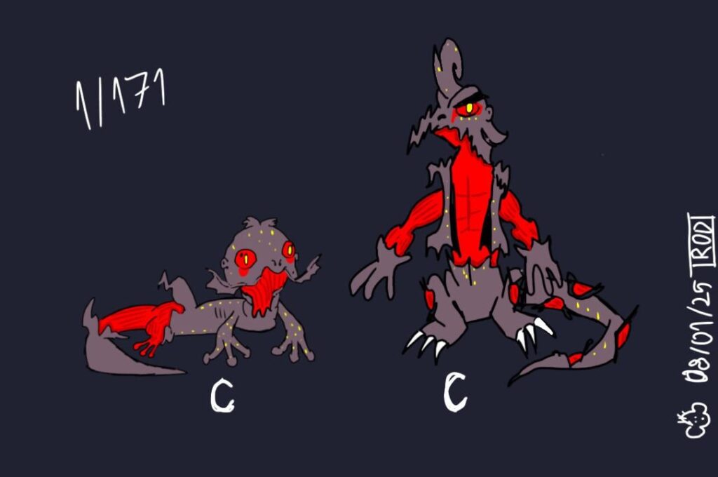 first fakemons of the year. Lizards that have changed their skin for a reddish one, giving the impression that they have been skinned. Dark type.