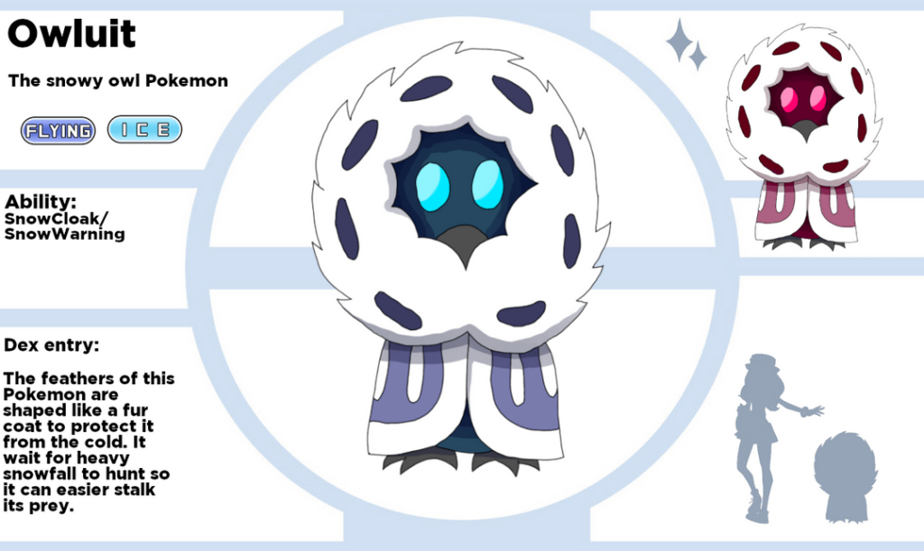 Here's a bunch of Fakemon I made: a snowy owl, a ghostship kraken and a sphinx