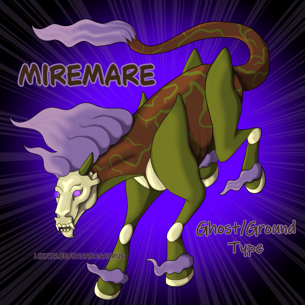 Miremare, the Bog Spirit Fakemon, wanders the swamps of its region looking for its lost rider, who perished long ago.