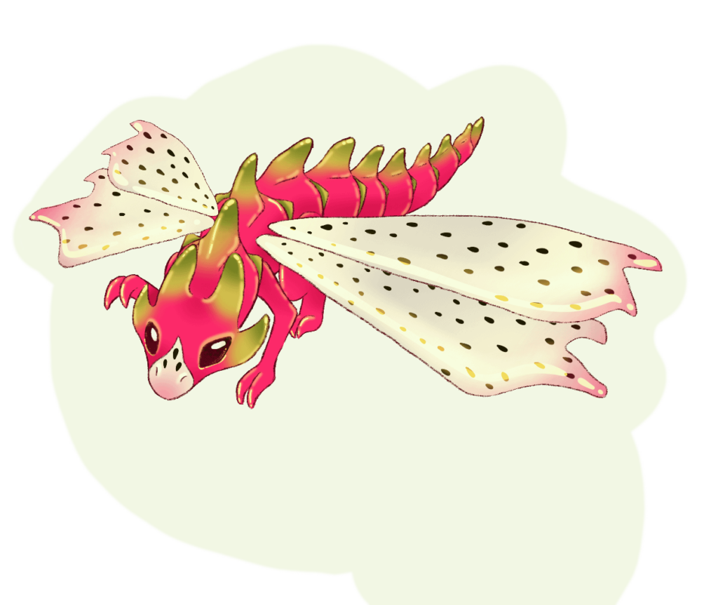 Hi it's me again! On the "spider" pokémon someone described it as looking like a dragonfruit so I decided to make a little Dragonfruit dragonfly bug typ pokémon :3