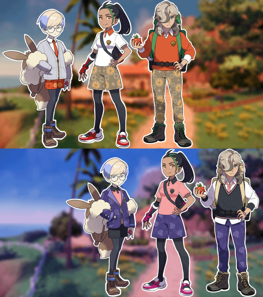 Nemona, Arven, and Penny in the postgame uniforms.