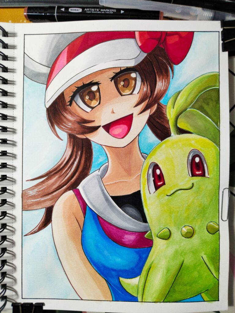 I am doing series of Trainer art with Pokémon. Here's Lyra w/ Chikorita [OC]