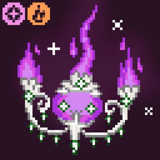 Fire/Fairy Chandelure (Idea and details by me, pixelart by Slamma on bsky)