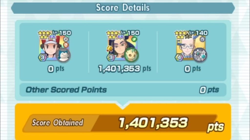 Pokemon Masters EX Damage Challenge Challenge Nemona Grass Weak 1401353 points