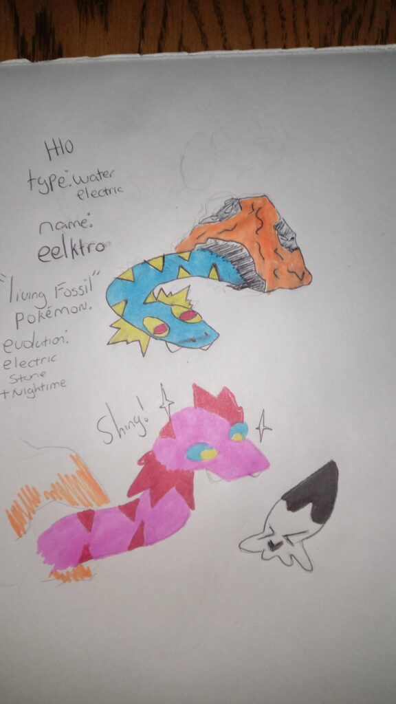 This is my first fakemon for my region based in Greece, eelktro, its name coming from the Greek word for Amber, eel and electro! It also has a minor influence from the frilled shark, which is represented in its shiny, please let me know if you like it and please give feed back and criticism