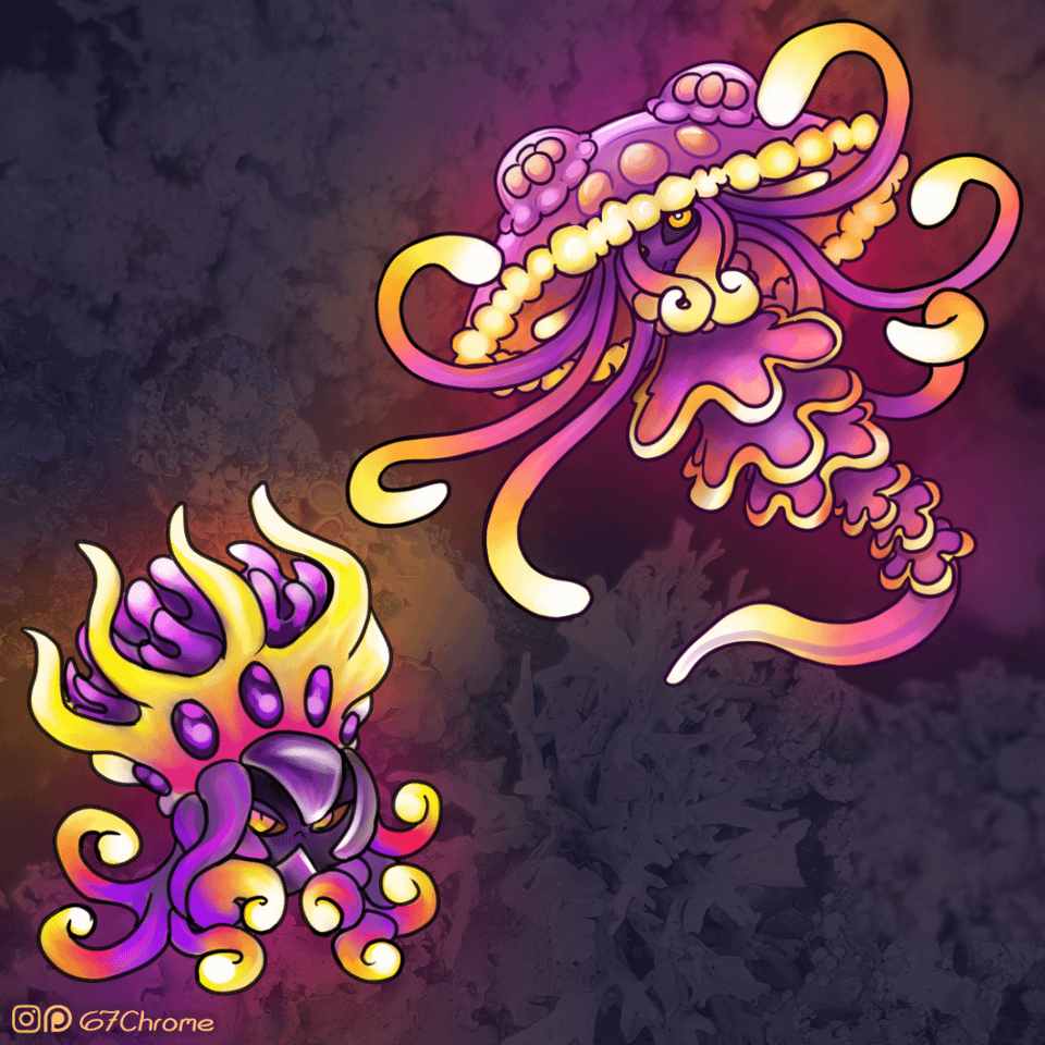 [OC] Venenoplast and Paradusa, my Poison-Electric Pokémon of an Anemone and Sea Jelly with Big Fancy Hats.