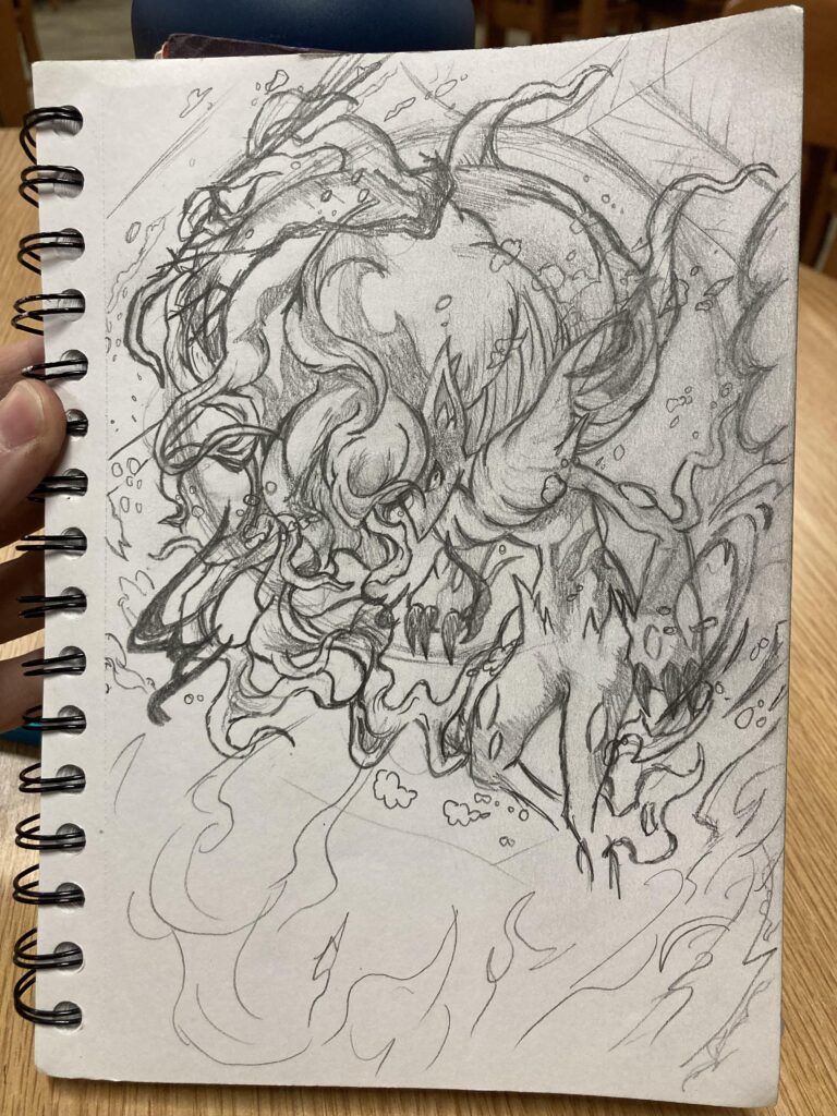 Another drawing of a Pokémon card, this time a half finished Zoroark