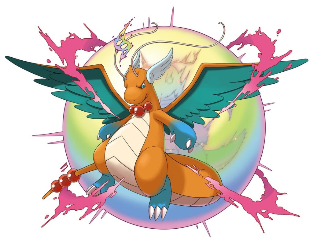 Character sheet and key art for my Mega Dragonite design