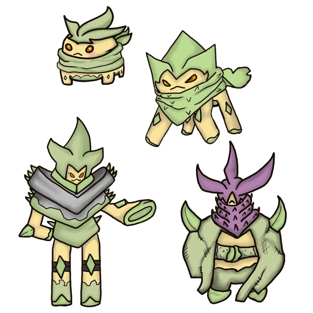Split Grass Starter Evolutions (First time designing Fakemon, any tips / improvements appreciated)