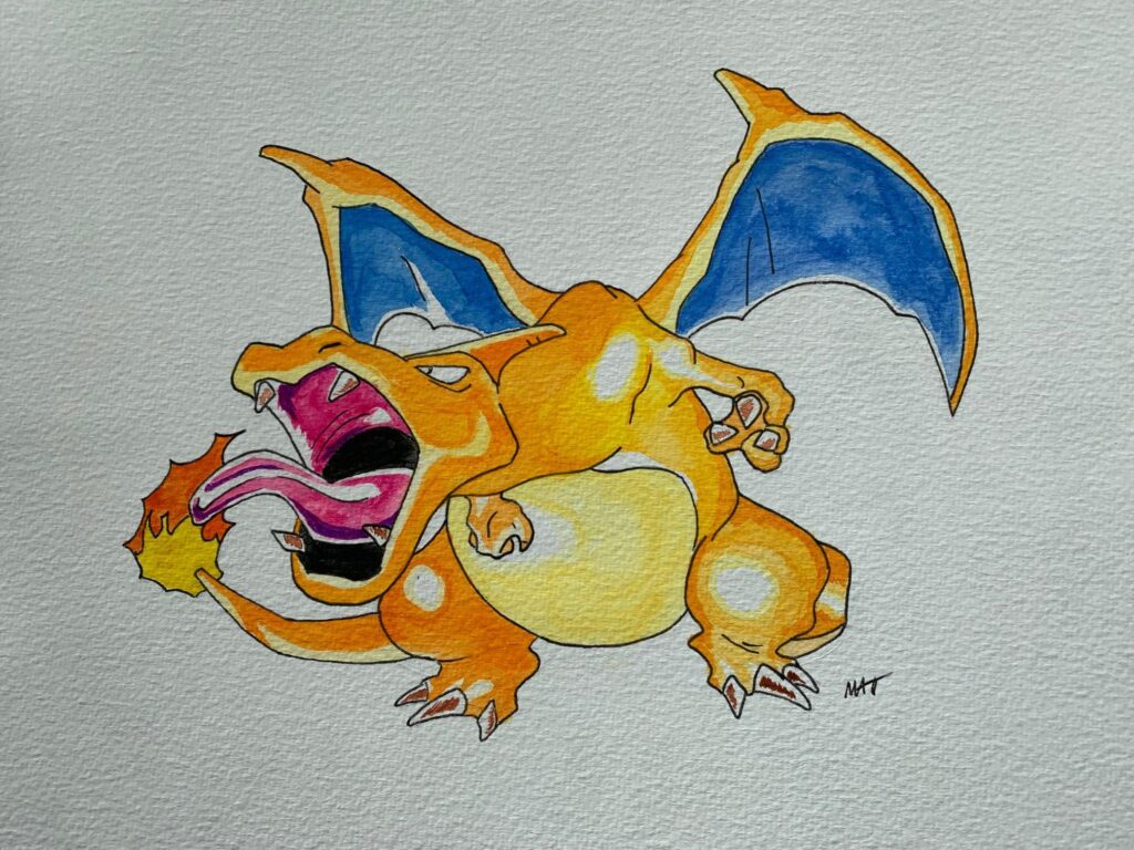 Charizard first edition, watercolor, my nephew is delighted, author : Matthieu V. Original illustration : Mitsuhiro Arita