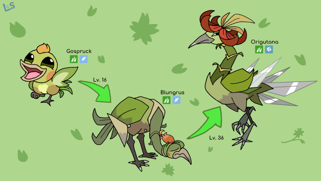 Gospruck's final evolution, Origatana, is here! A swift, graceful crane 'mon known to deliver powerful kicks and slashes with its sharp feathers, and a desire to impress others!
