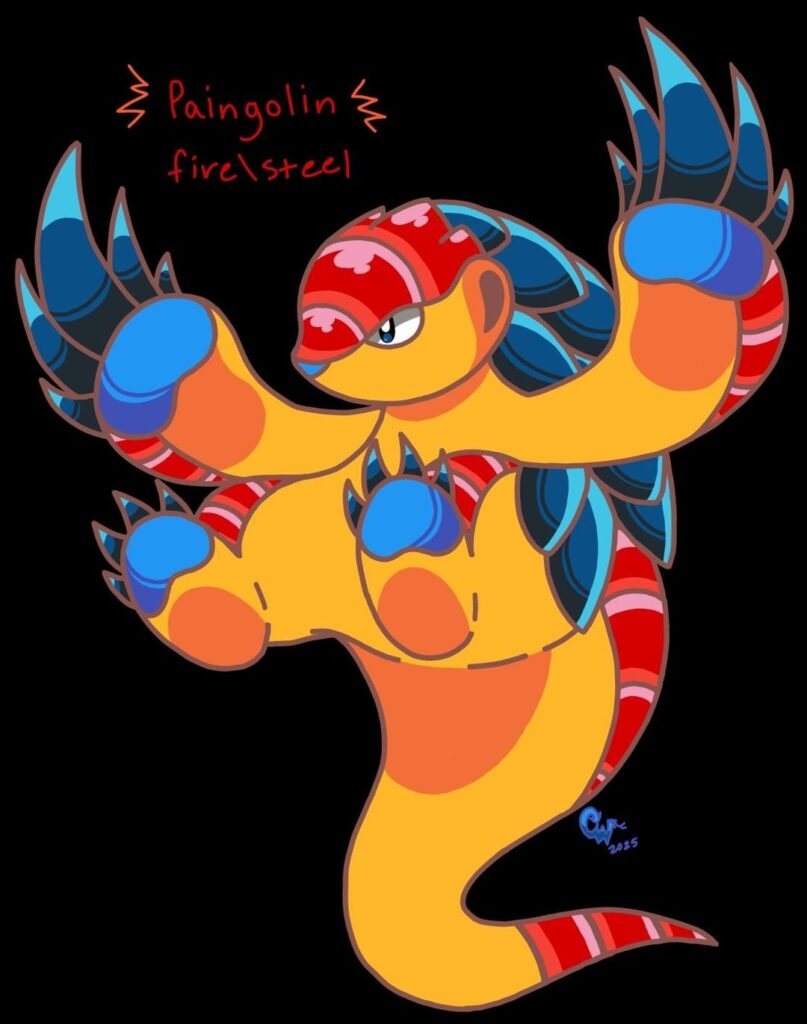 Paingolin ver. 2! Probably should have modified it's design to better fit the fire typing, but at least it looks more like a pangolin now.