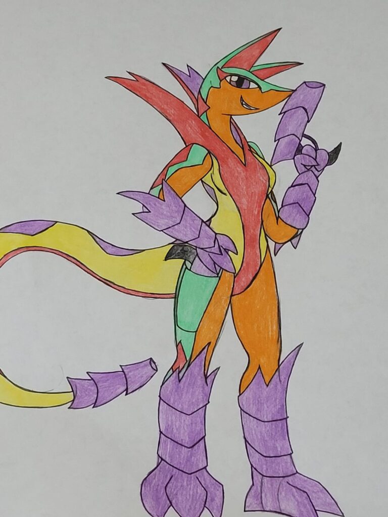 Behold. snek with glock. (Delta species serperior: ground/poison. includes trainer and battle bond form as a bonus. Cloak is not removable. You will be punished via exosuit gauntlets.)