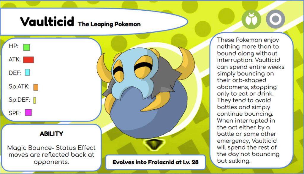 Here is a Fakemon line that popped into my head earlier today and I could not stop thinking about. They are based on jumping spiders, bouncy balls and coiled springs, but also the loss of innocence between childhood and adulthood