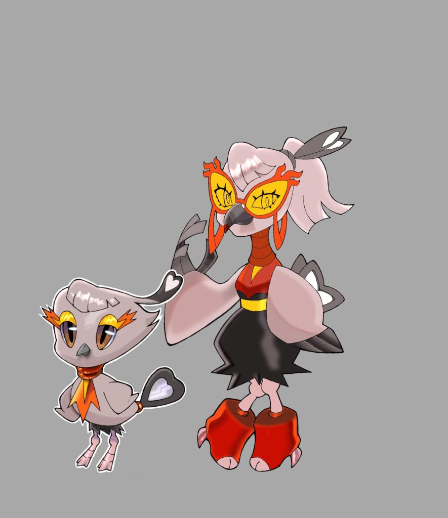 My fire starter, Pekindle and its middle stage evolution, Klerkik for my West African based region. Both are based on Secretary Birds and The Myth of Madame KoiKoi.