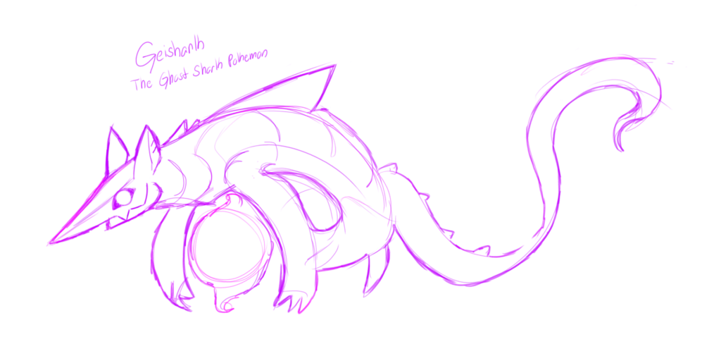 Geishark: The Ghost Shark Pokemon! Geishark has Water and Ghost typings! Still unsure of what I exactly want to do with the design bc I feel like it's missing something but it's all still just a wip at the moment