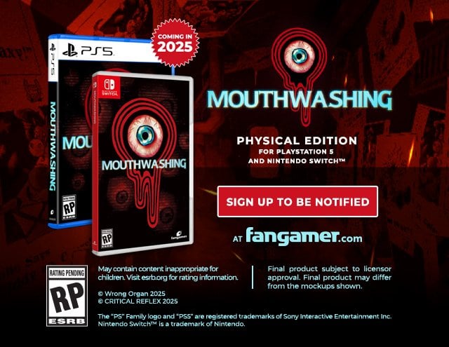 Mouthwashing, an Indie Psychological-Horror Game, announced for Switch. Physical release through Fangamer