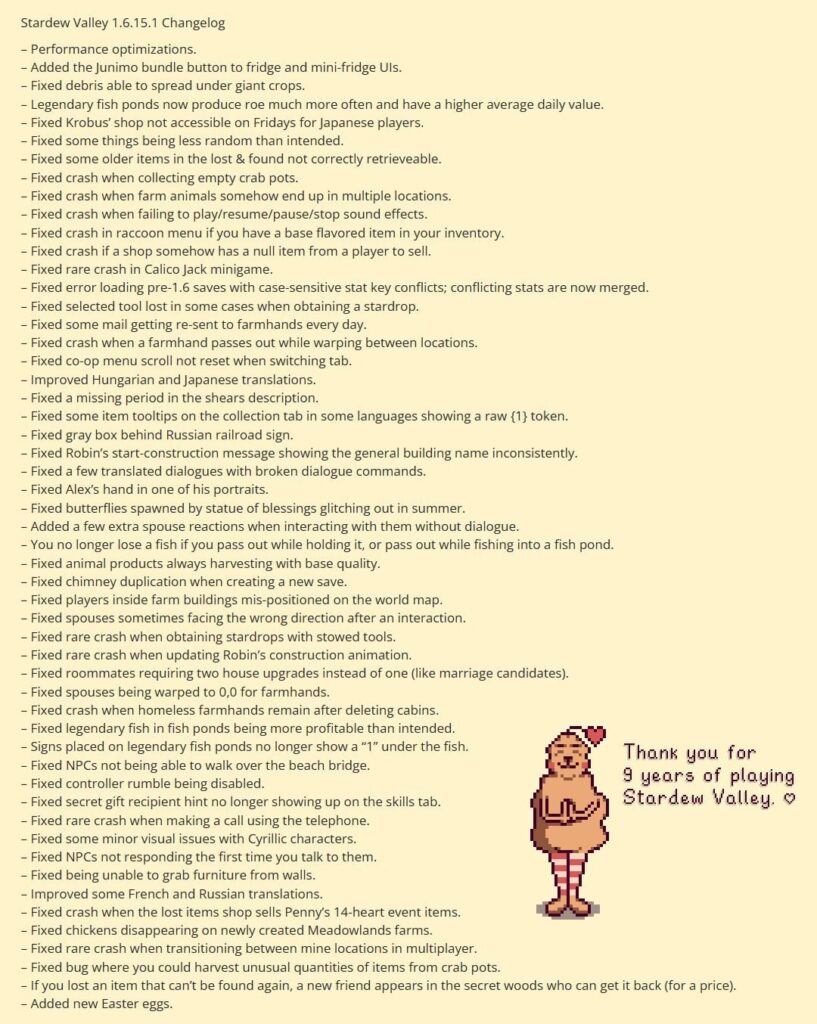 Stardew Valley patch 1.6.15.1 should be available within a few hours for Nintendo Switch.