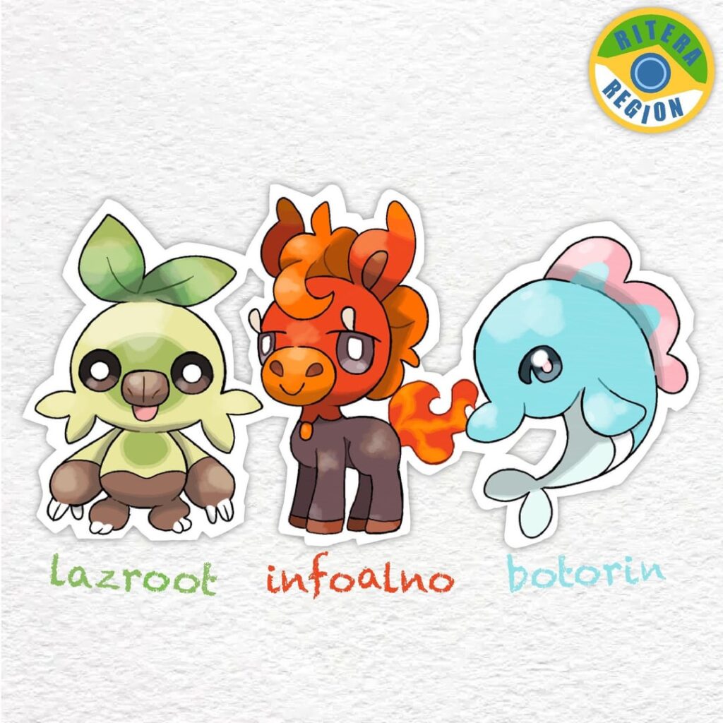 updated starters+ gym leader & her ace (regional bird) also follow us on instagram @letsmakeapokemonregion please😭🙏