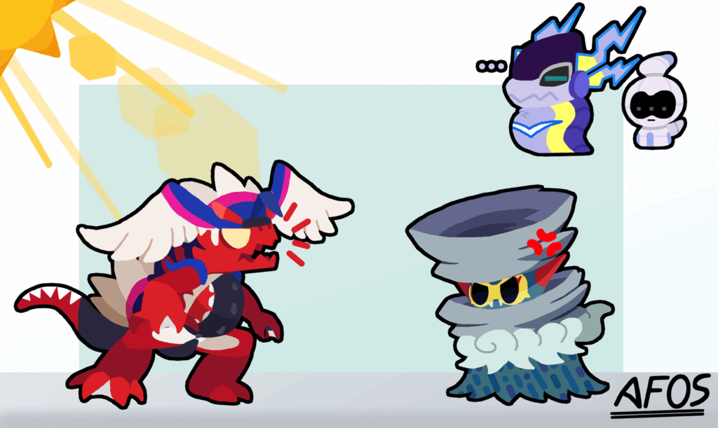 Once again, a fanart of this great Fakemon of @ototoi_note. Just a little idea I had about Through Storm and Koraidon fighting to see which climate stays xd. This is my third Gif made, I hope you like it. ☀🌧🌪