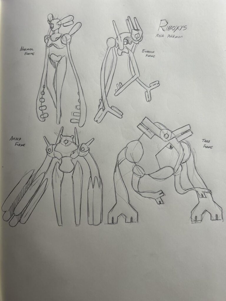 Here are some sketches for an artificial Pokemon engineered to combat Deoxys.