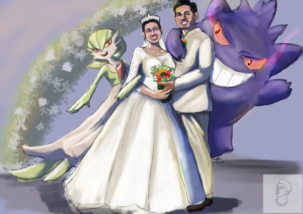 [OC] Illustrated my friend on his Wedding Day, feat Gardevoir and Gengar (also accepting commissions and request :D )