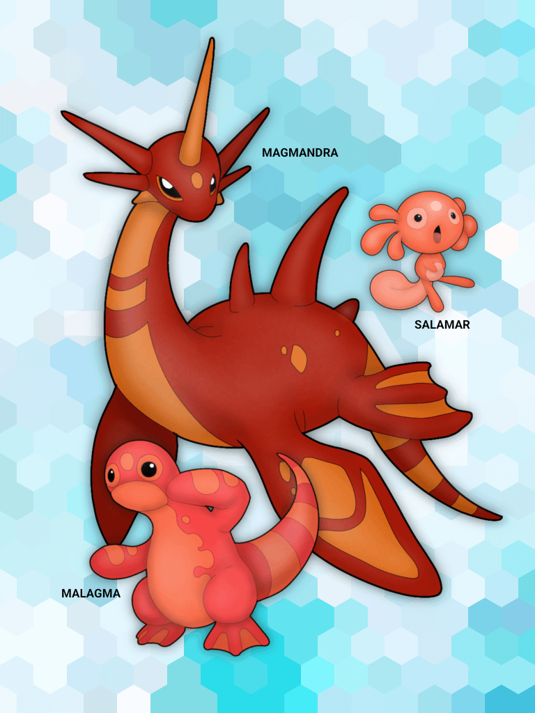 here's an old fakemon design inspired by fire salamander. my idea is that they're water-dwelling fire type (without a secondary water typing) that deals neutral damage, if not zero damage, from water attacks.
