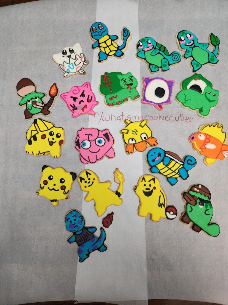 On whatismycookiecutter we did Pokémon cutters, wrong answers only and I made them real cookies. I thought y'all might find them amusing.