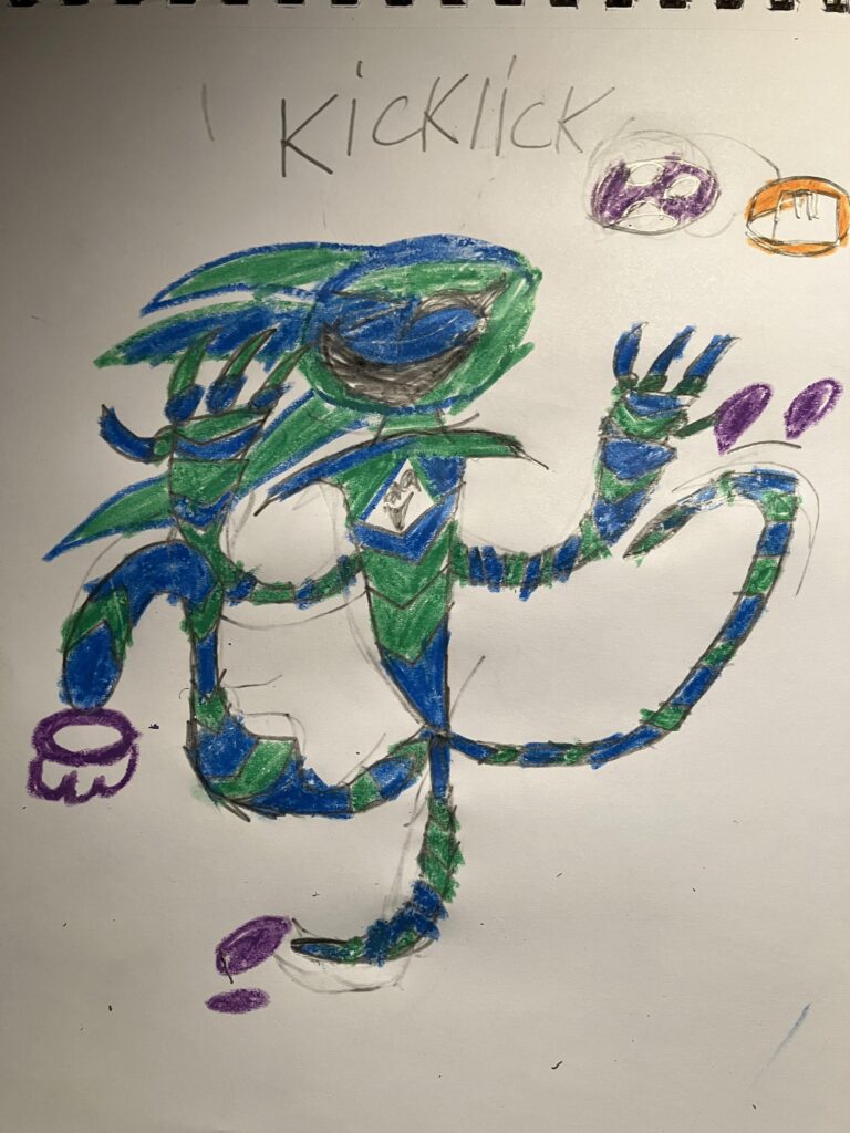Here is my first fakemon, KickLick! This mischievous Pokemon is often found in forests, stealing berries from other Pokemon, however since their main target is the Pokemon Hypno, this usually doesn’t end well for them.