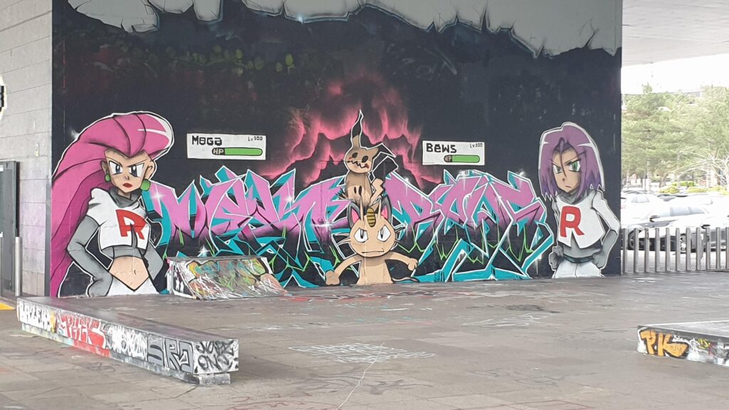 Team Rocket graffiti at the Buszy skate plaza - Milton Keynes UK