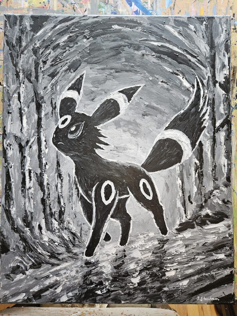 Umbreon taking a stroll through the woods. Acrylic on canvas 16" X 20"