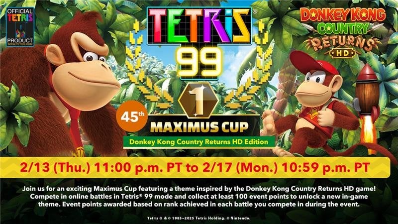 Tetris99 45th MAXIMUS CUP featuring a new theme from Donkey Kong Country Returns HD is coming 2/13 at 11pm PT!