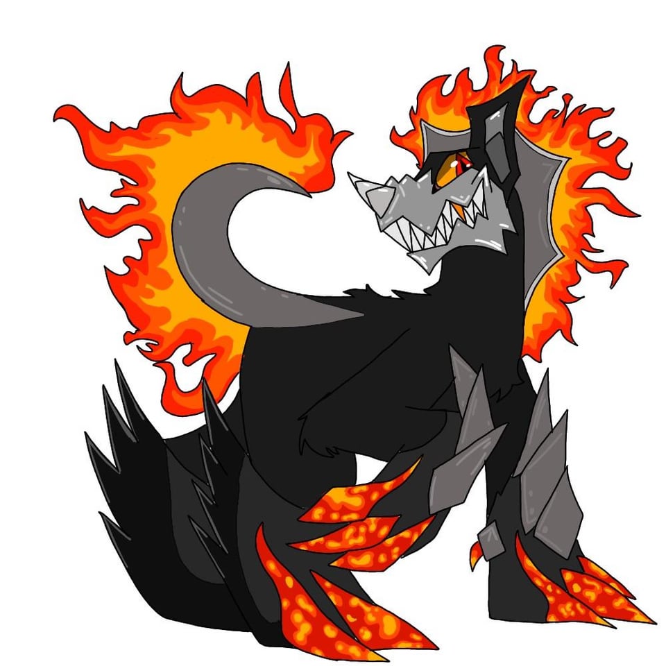 My friend and I have been trying to come up with a name for this Mon we made! Could use some help with ideas! (Fire Steel type, Sudo Legendary.)