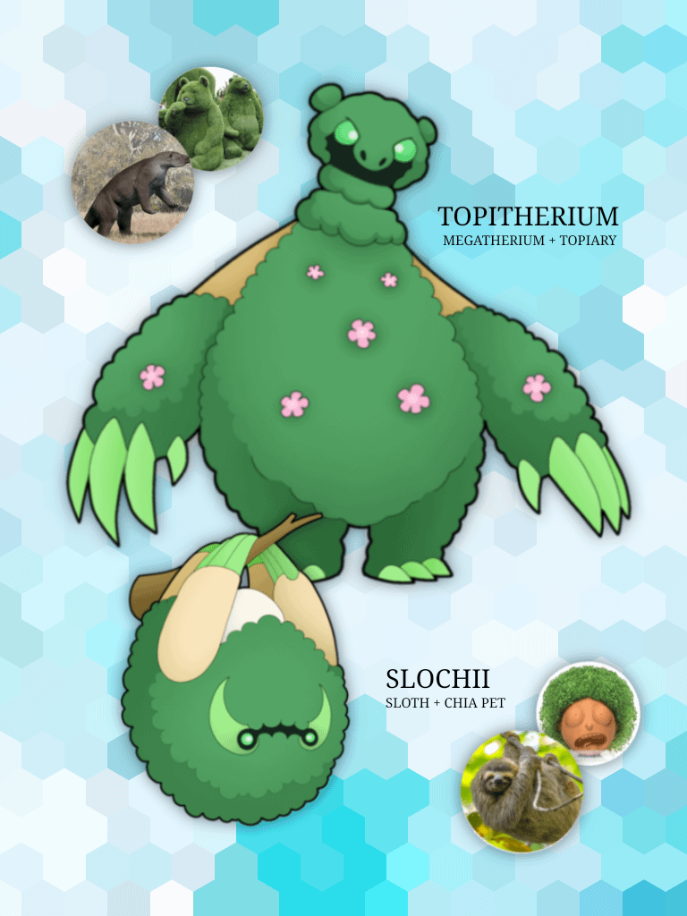 Slochii and Topitherium. nothing much, just a concept that crossed my mind. primarily inspired by the fact that algae grows on sloths' fur