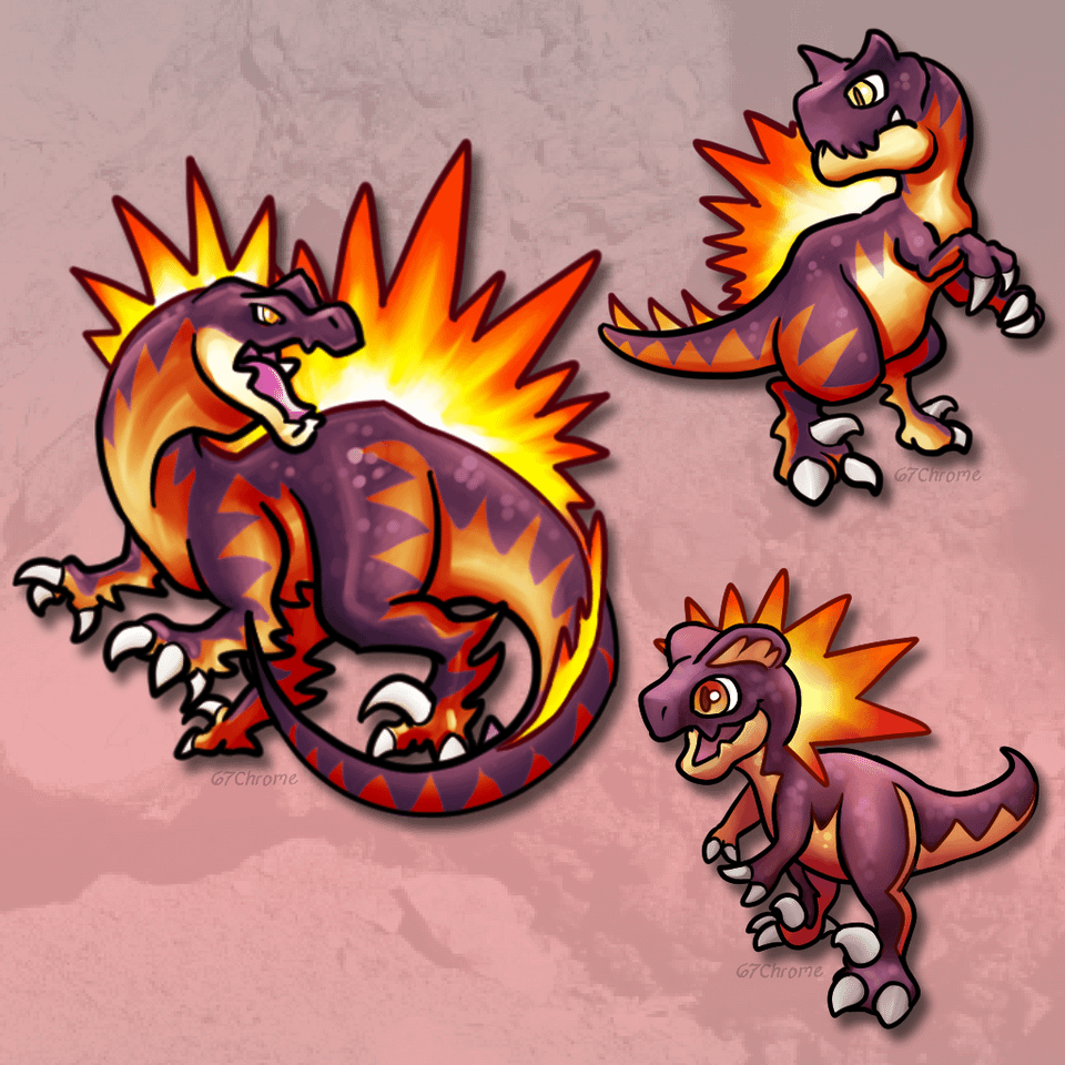 Meet Barbachew, Carnasear, and Roilazord, 67chrome's Fire Type Starters.
