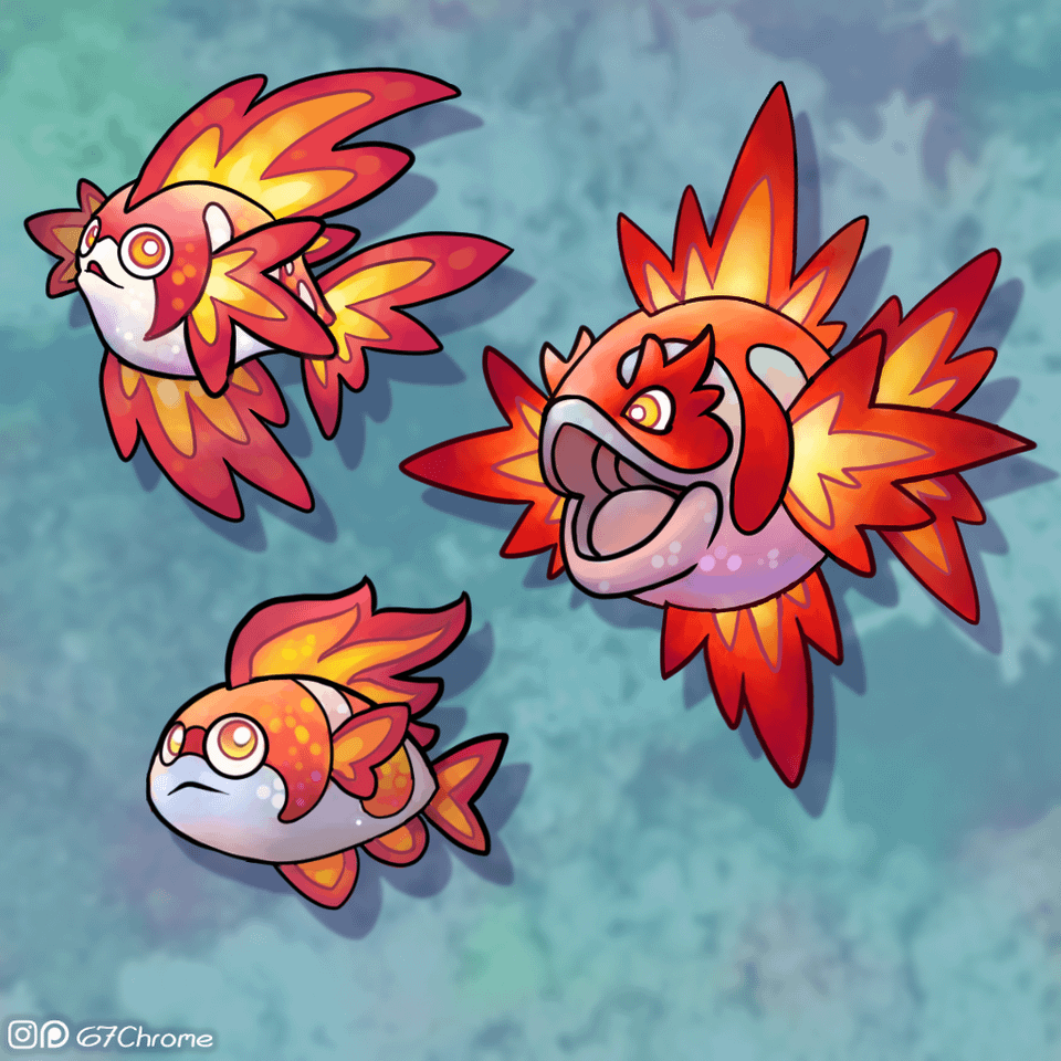 Embish, Searafin, and Toastide: the Fire+Water clown fish, angel fish, and lion fish.