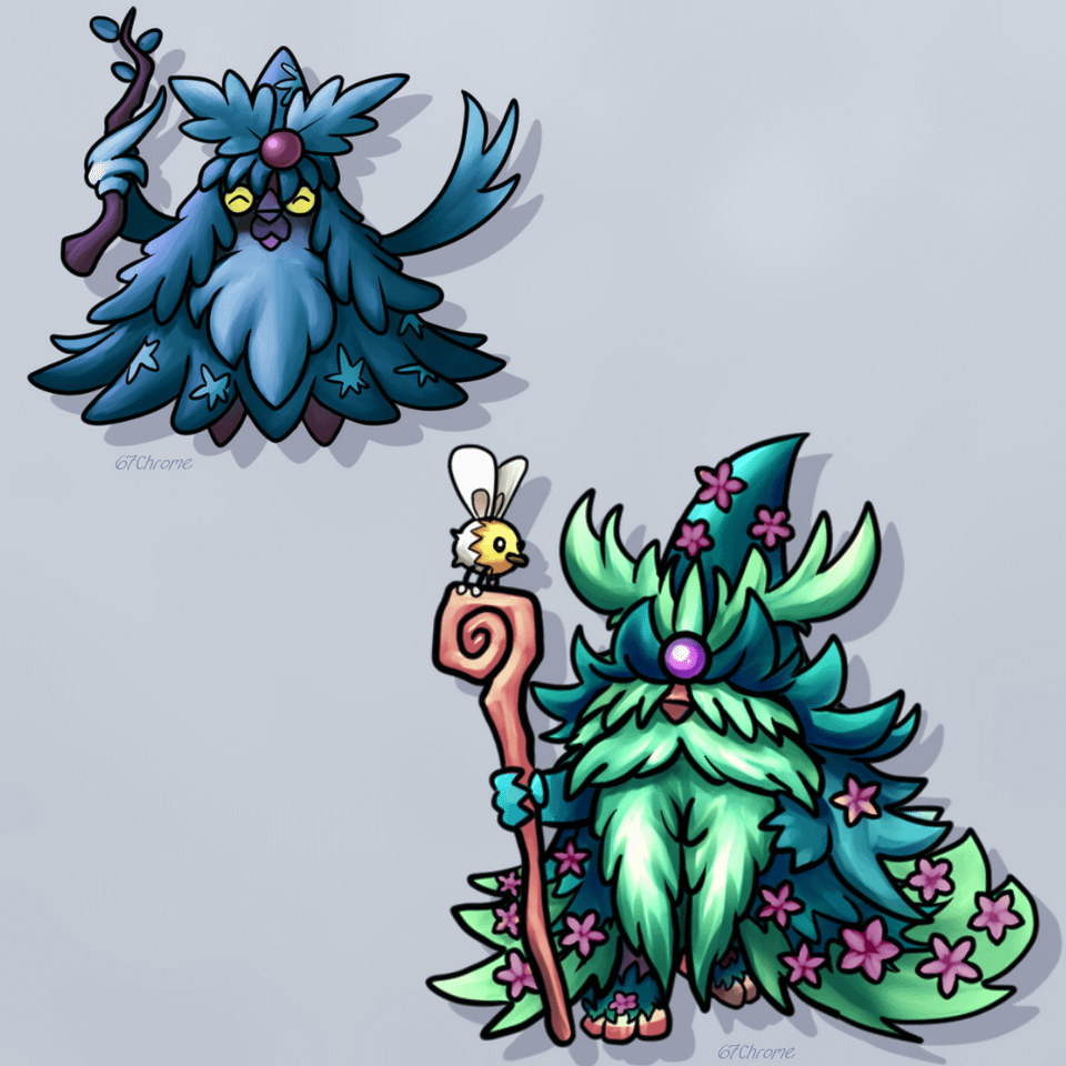 Dicidple and Everrooid, the Spruce Wizard Fakemon, by 67chorome (I could use better name suggestions for these guys, lol),