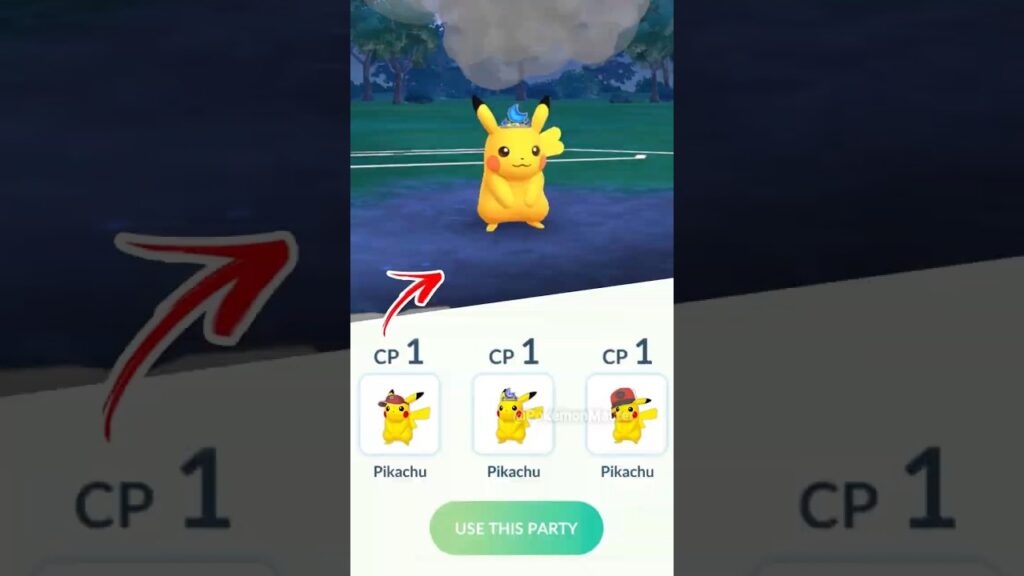 using Triple LeveL 1 Costume Pikachu team in Pokemon GO.