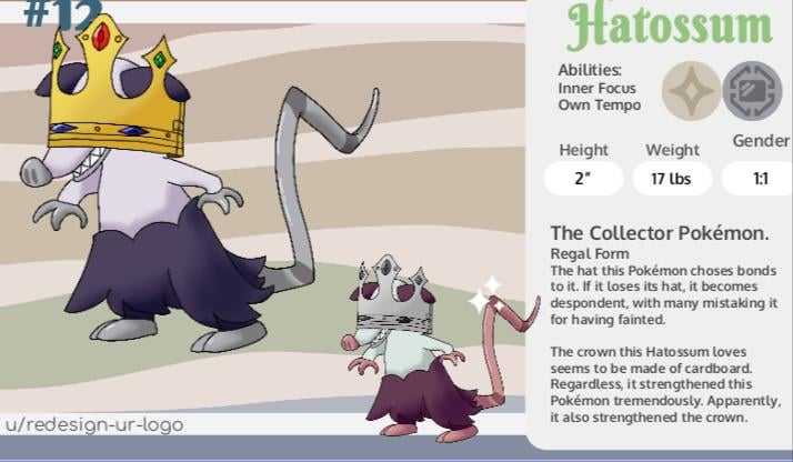 Day 12 (kinda) of posting Fakemon from my region. Only one of the 17 forms today because life has gotten in the way :/. Here's Hattosum (Regal)