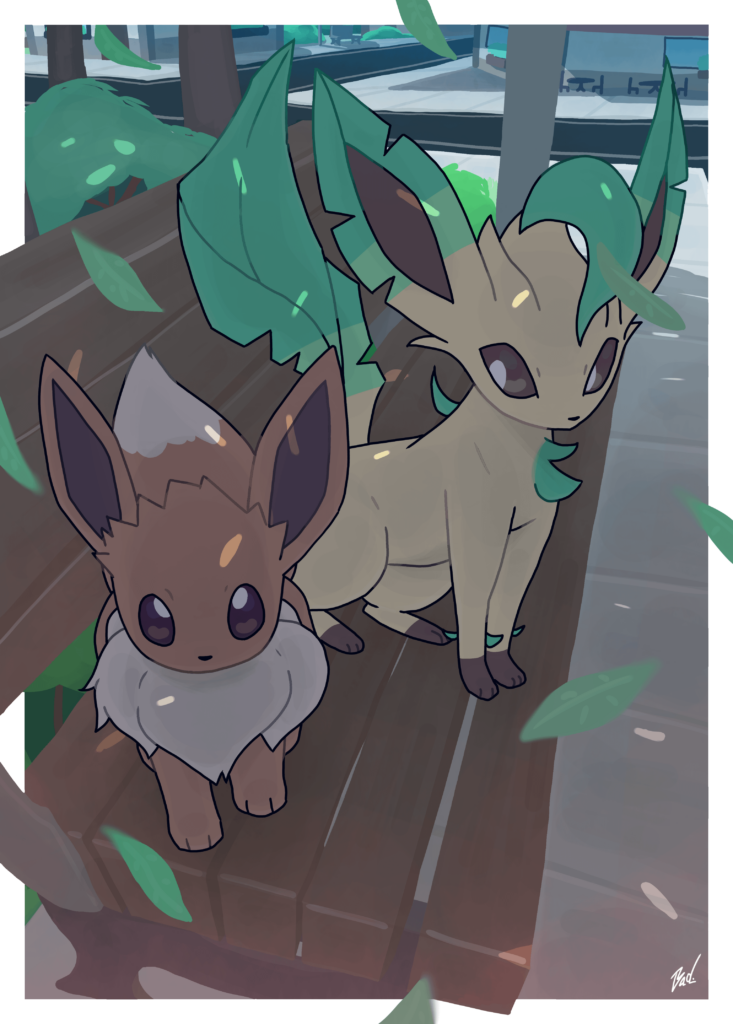 Eevee and Leafeon on a bench 🍀 (I drew that)