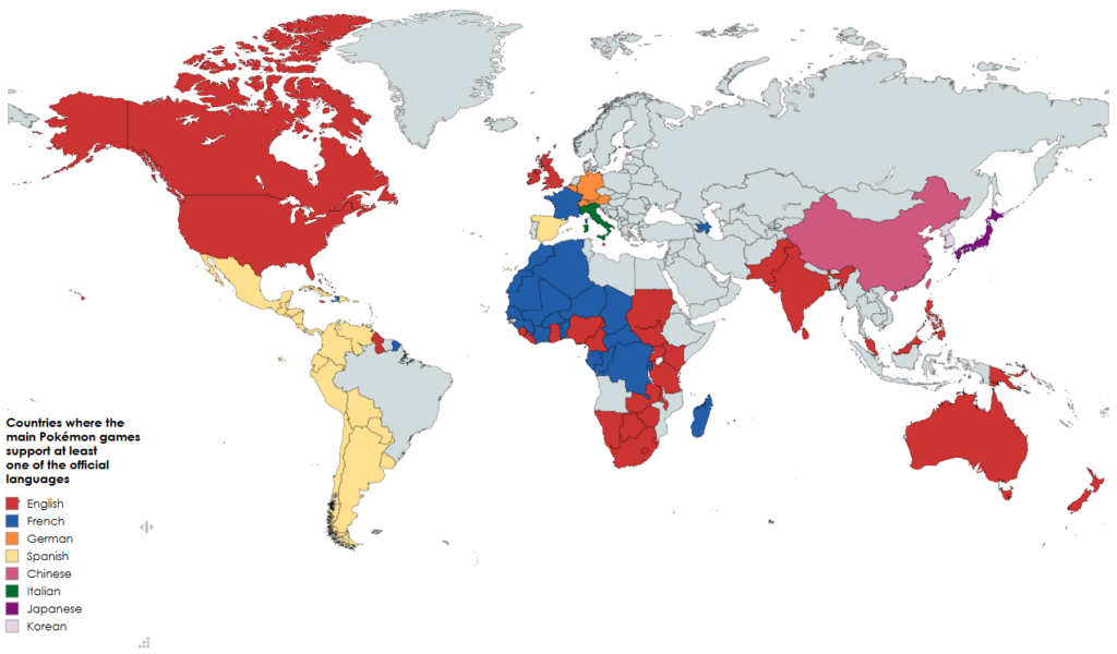 Countries where the main Pokémon games support at least one of the official languages.