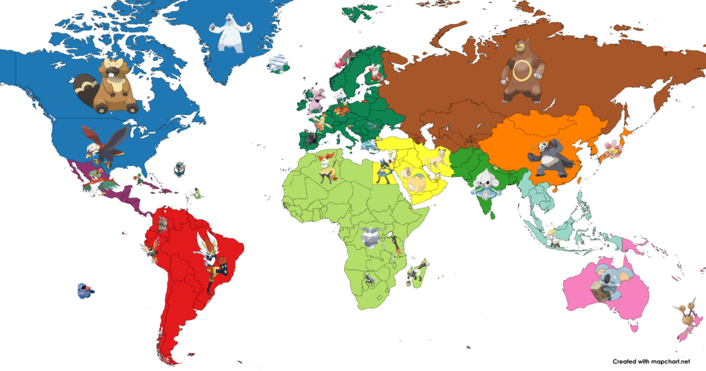 World map with remarkable pokemon