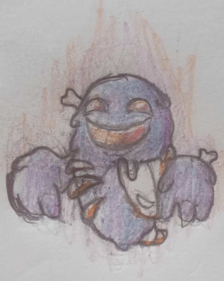 GENGLITCH, the error Pokémon, a flying and Ghost type Pokémon, was a failed attempt to clone prehistoric Pokémon due to a glitch in the cloning machine, it has the DNA of aerodactyl and kabutops mixed in an amorphous genetic masson, it has