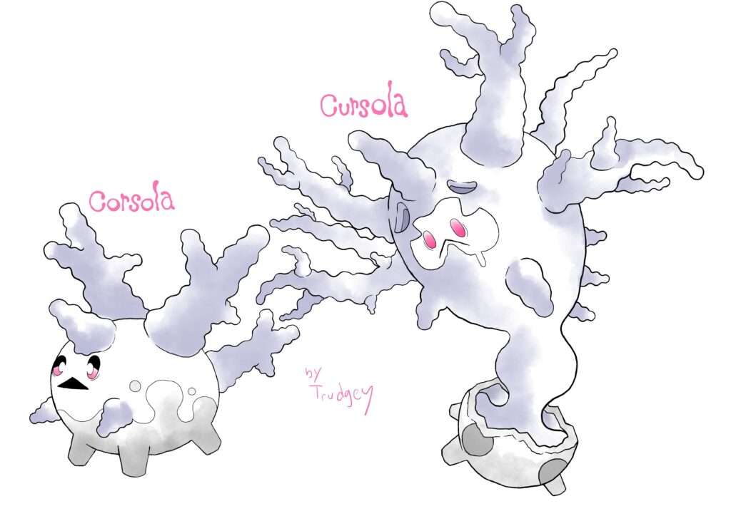 Galarian Corsola and Cursola in the original sugumori watercolor style