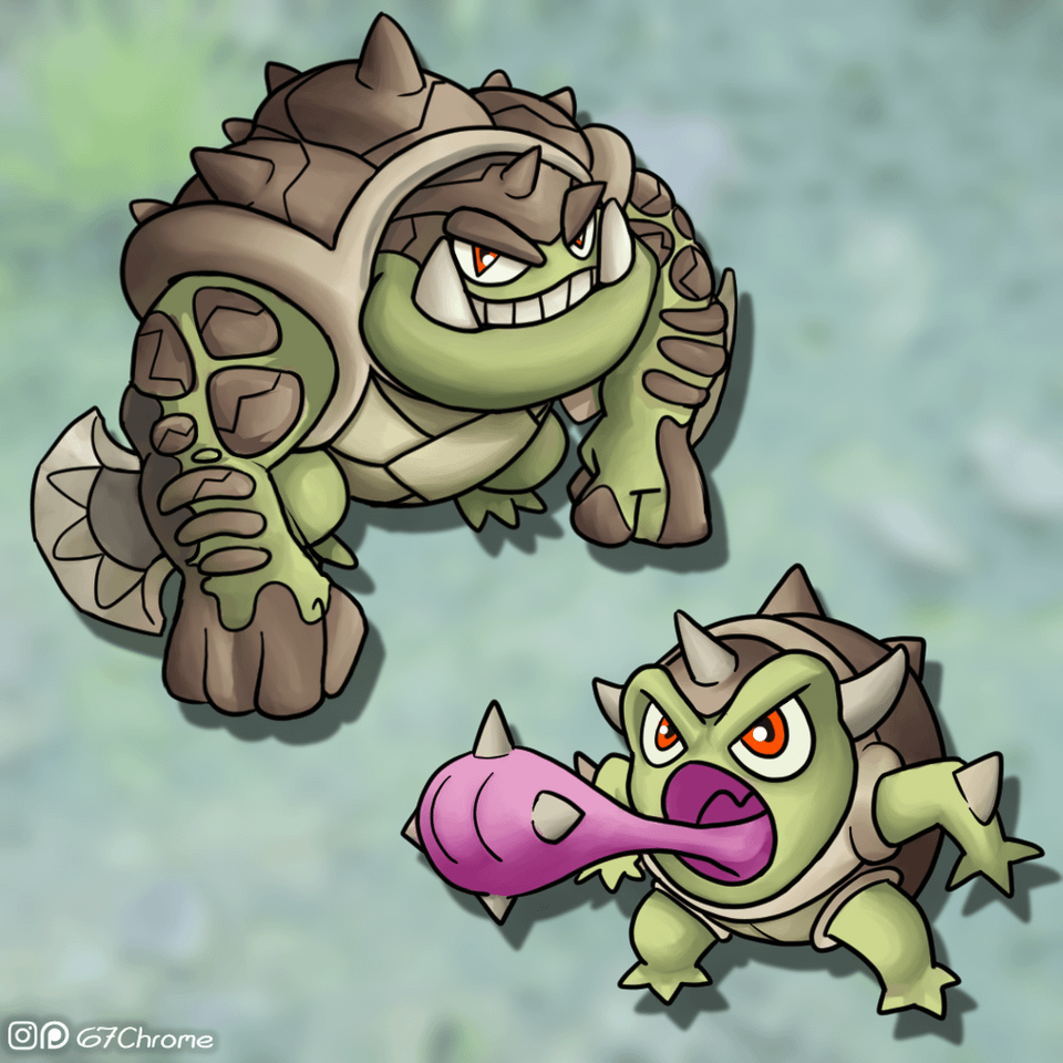 Gork and Grumblekor, my nasty Frog-Turtle spikeball tonged orc Pokémon.