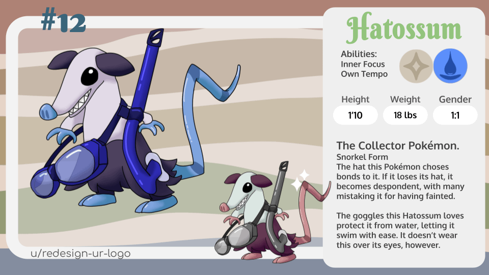 Day 13 (again kinda) of posting Fakemon from my Region. Just gonna keep posting forms of my final stage regional rodent, Hatossum, with the (better) Regal, Veiled, and Snorkel forms!